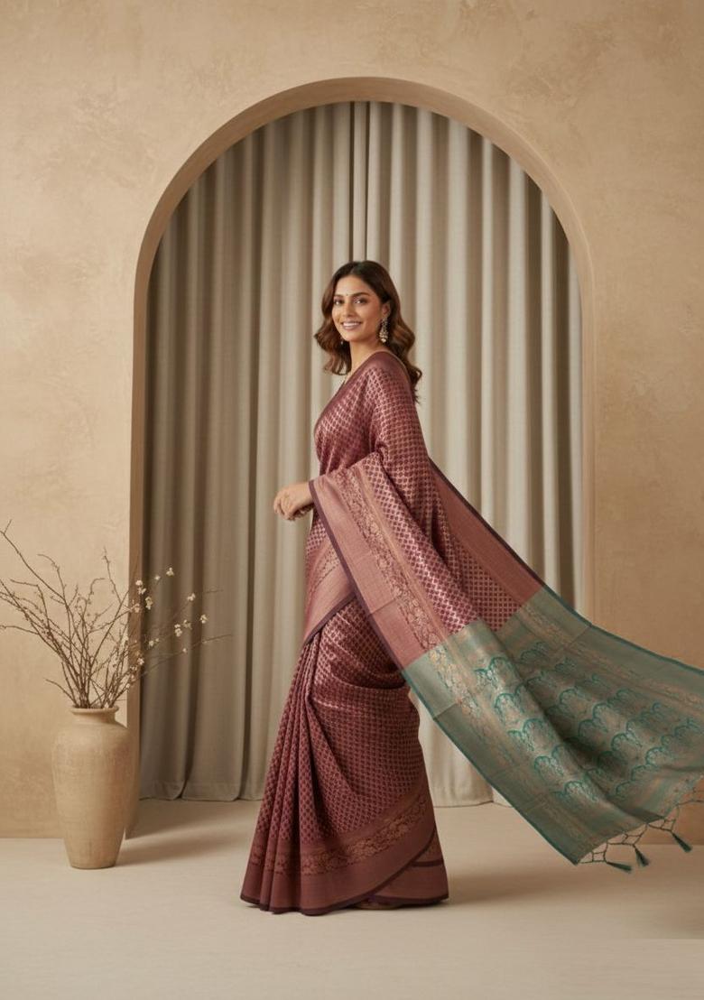 Brown Jacquard Silk Saree Set - Indya
