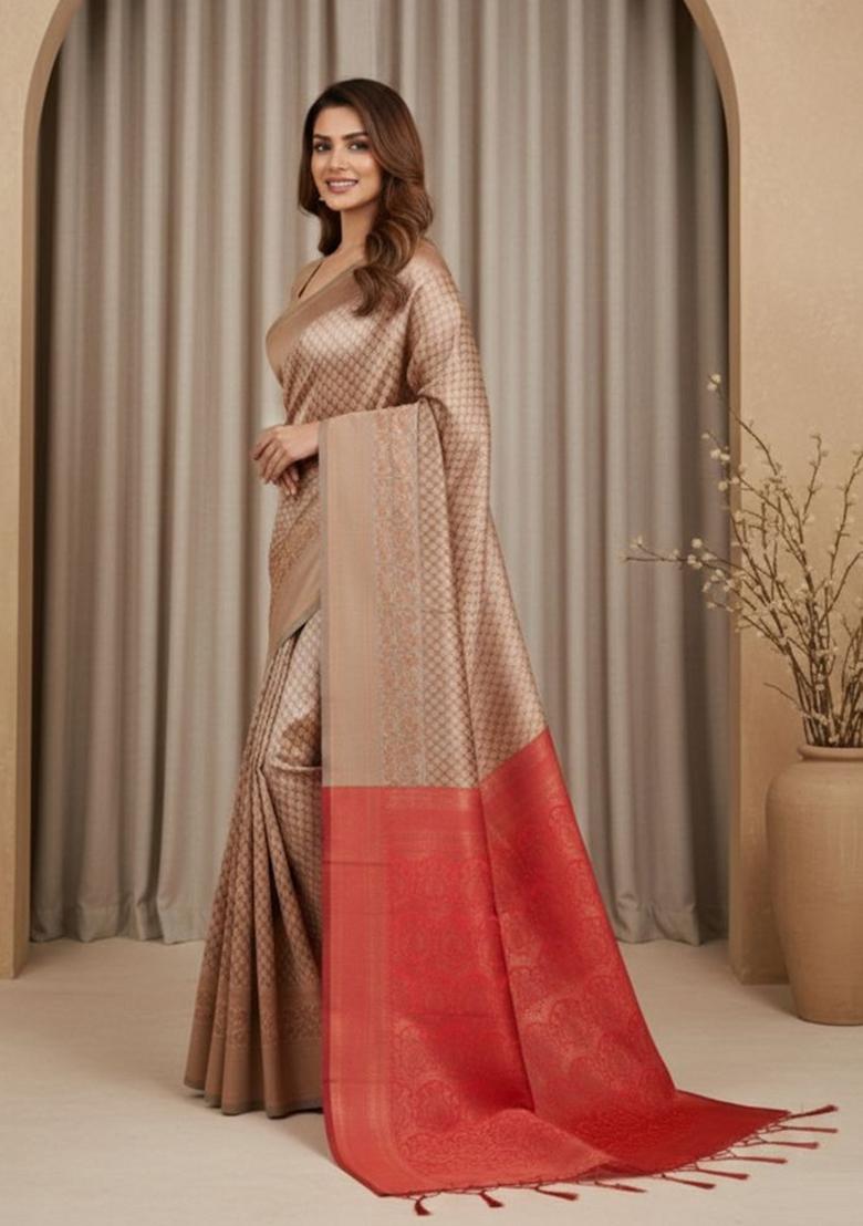 Copper Jacquard Silk Saree Set - Indya