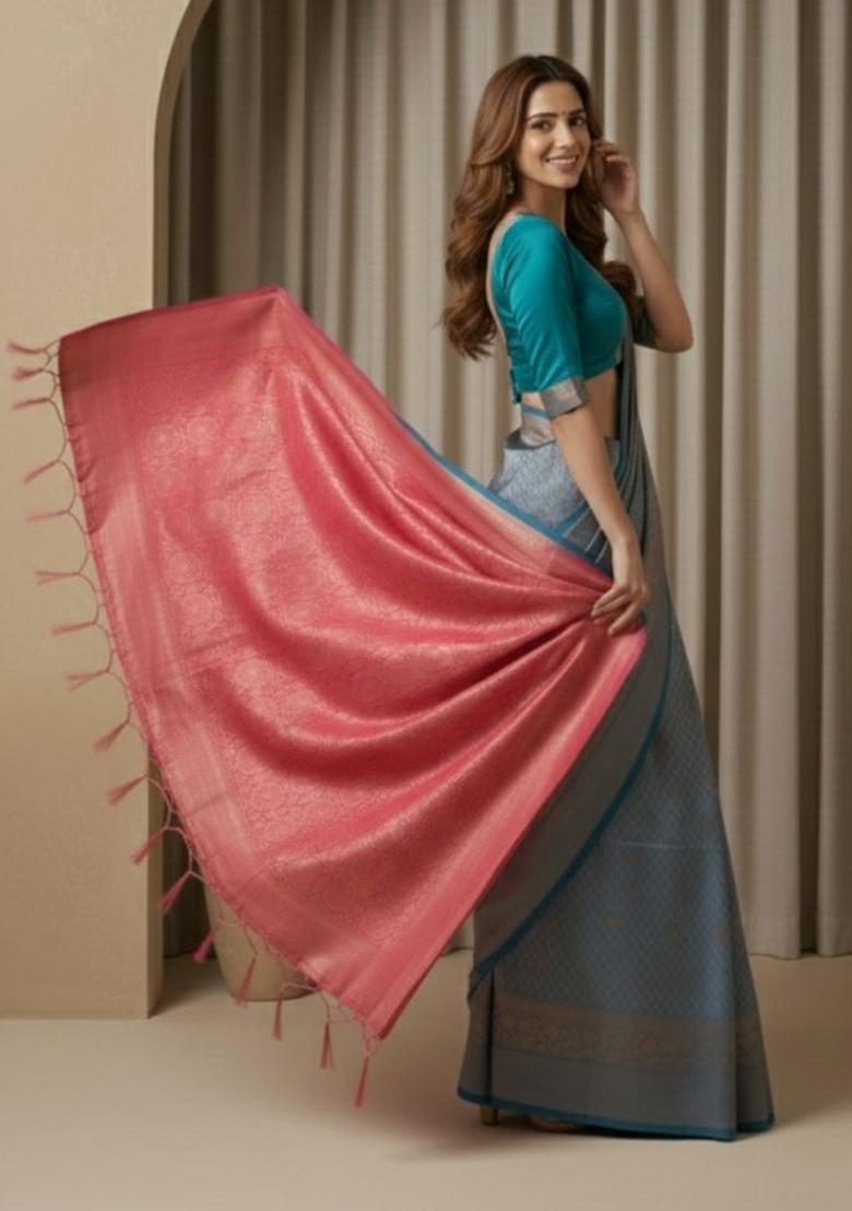 Teal Blue Jacquard Silk Saree Set - Indya