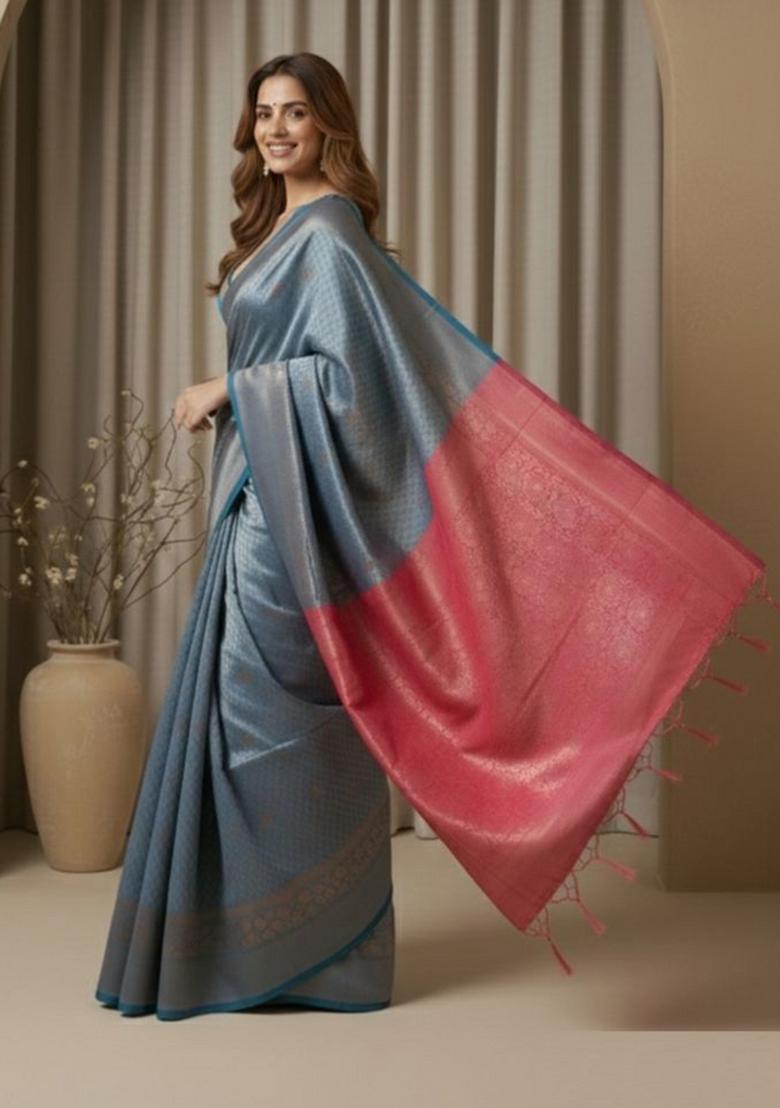 Teal Blue Jacquard Silk Saree Set - Indya