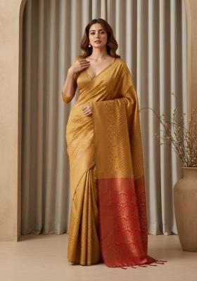 Yellow Jacquard Silk Saree Set