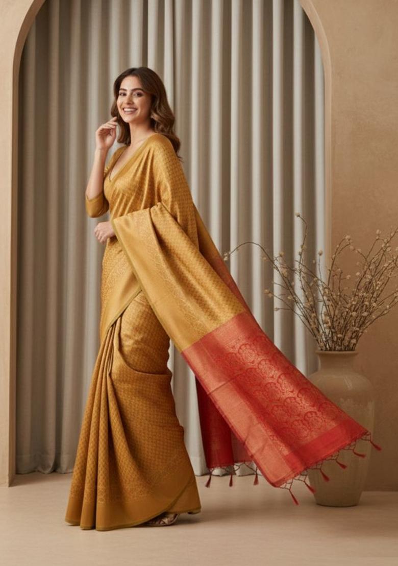 Yellow Jacquard Silk Saree Set - Indya
