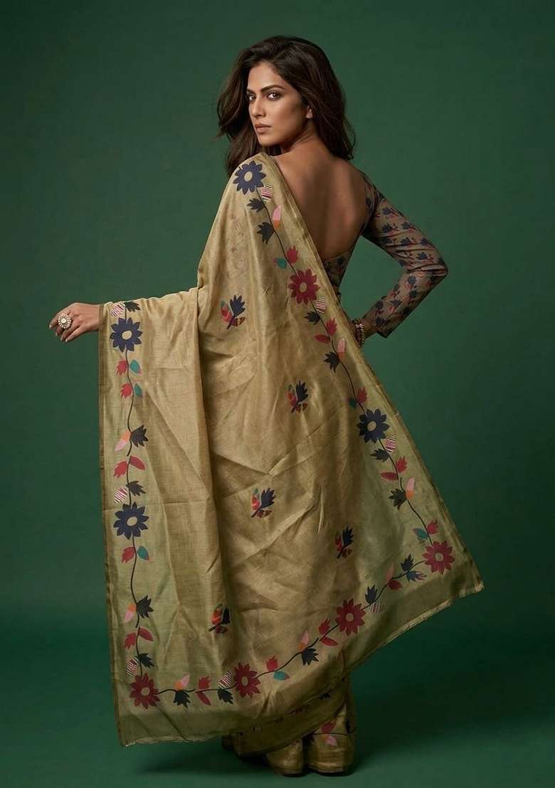 Olive Printed Cotton Saree Set - Indya