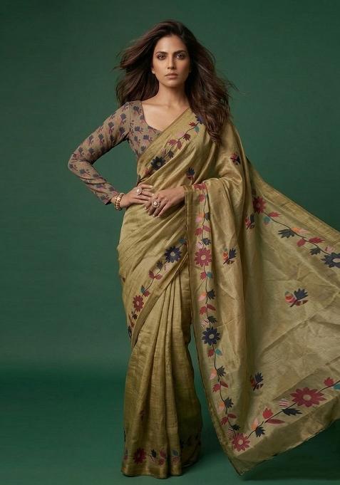 Olive Printed Cotton Saree Set for Diwali and Festive Wear
