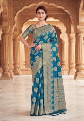 Teal Blue Zari Work Silk Saree Set