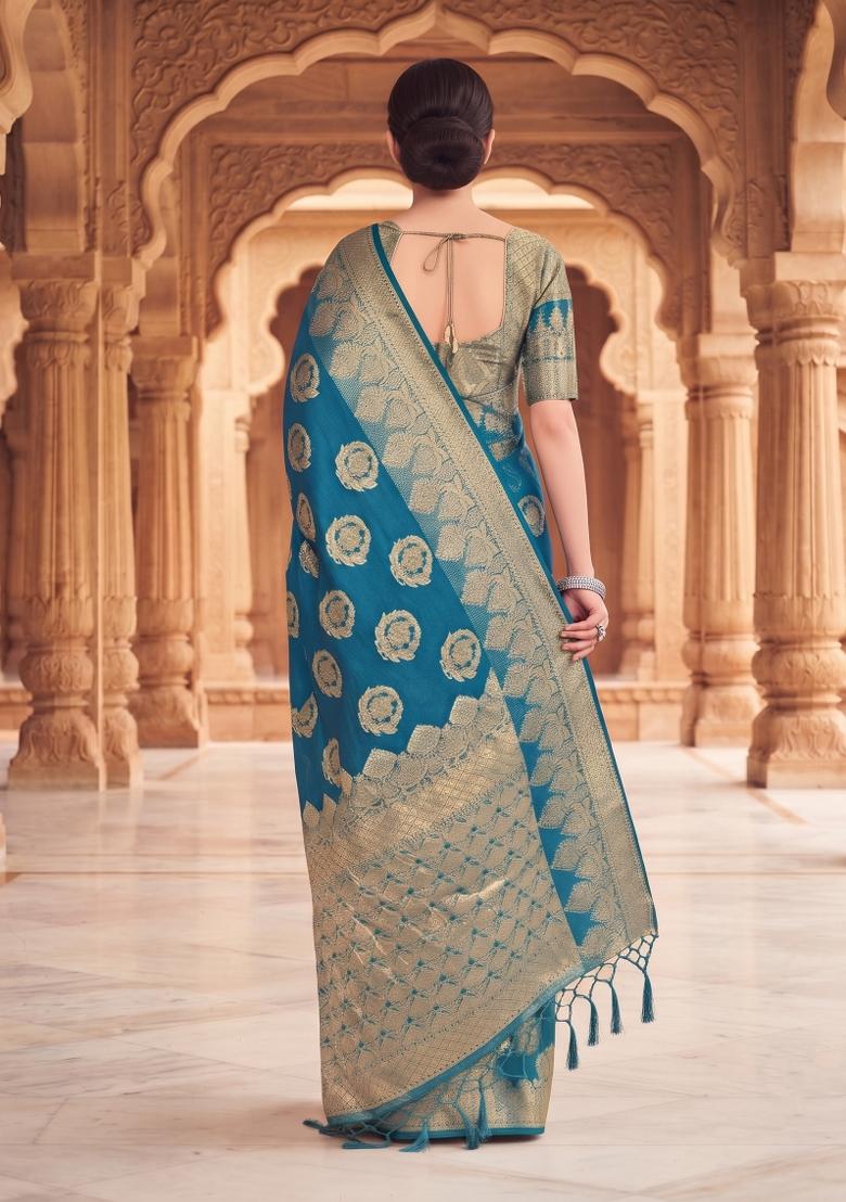 Teal Blue Zari Work Silk Saree Set - Indya