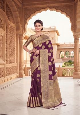 Wine Zari Work Silk Saree Set