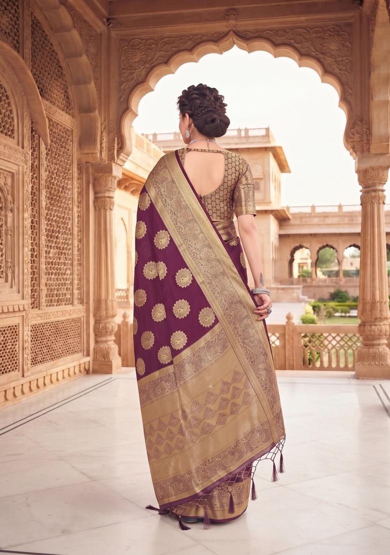 Wine Zari Work Silk Saree Set - Indya