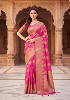 Pink Zari Work Silk Saree Set