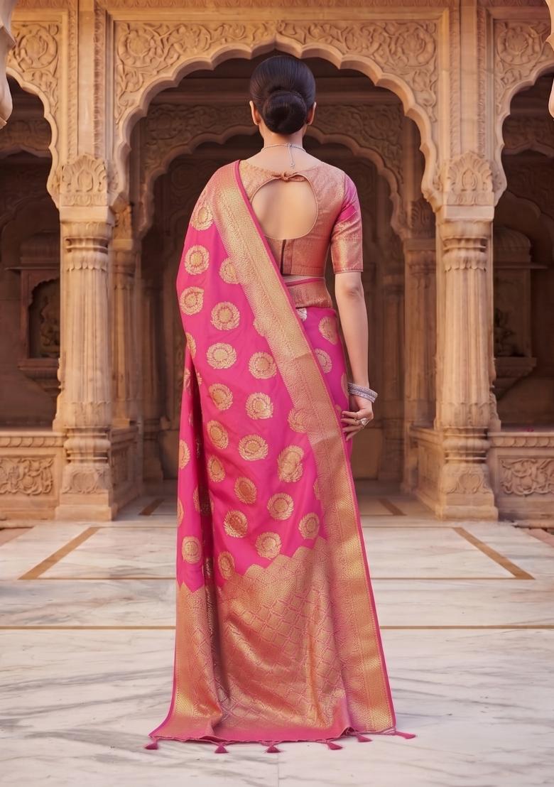 Pink Zari Work Silk Saree Set - Indya