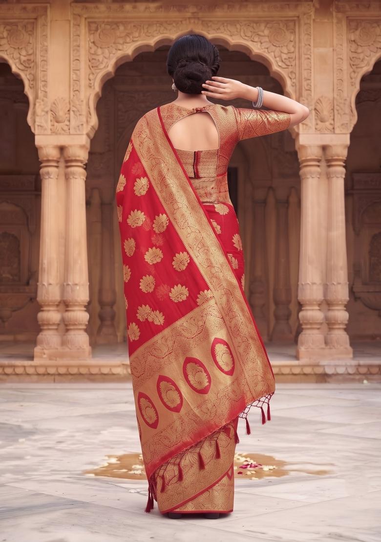 Red Zari Work Silk Saree Set - Indya