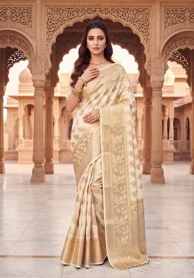 Cream Zari Work Silk Saree Set