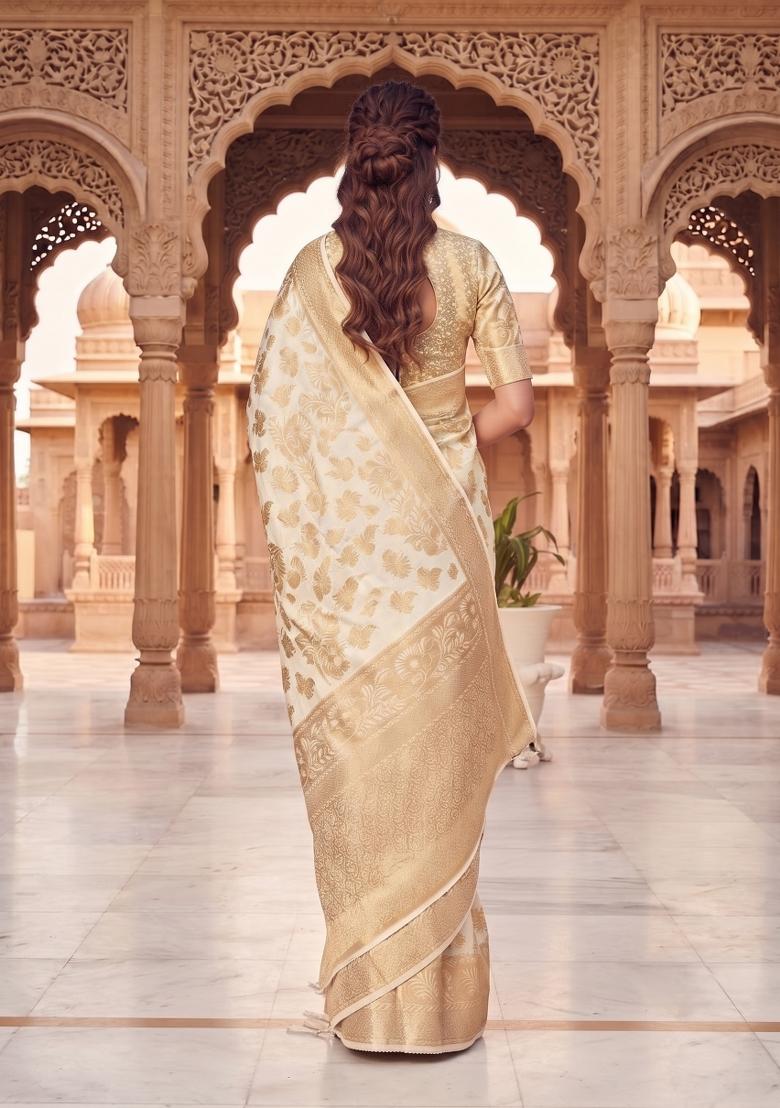 Cream Zari Work Silk Saree Set - Indya