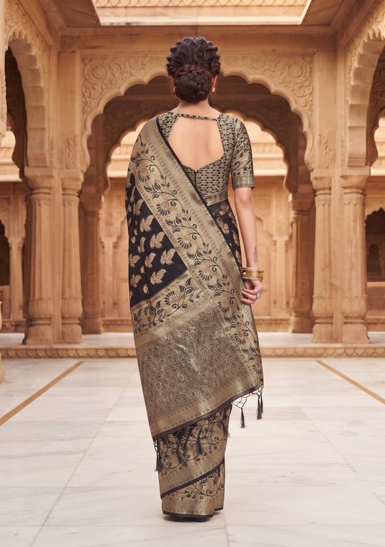 Black Zari Work Silk Saree Set - Indya