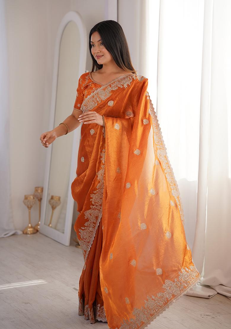 Orange Embroidery Silk Saree Set - Indya