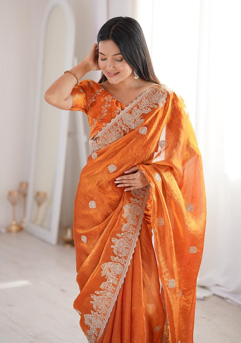 Orange Embroidery Silk Saree Set - Indya