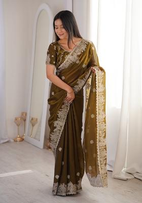 Mehendi Embroidery Silk Saree Set