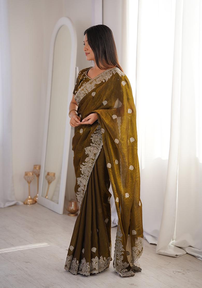 Mehendi Embroidery Silk Saree Set - Indya