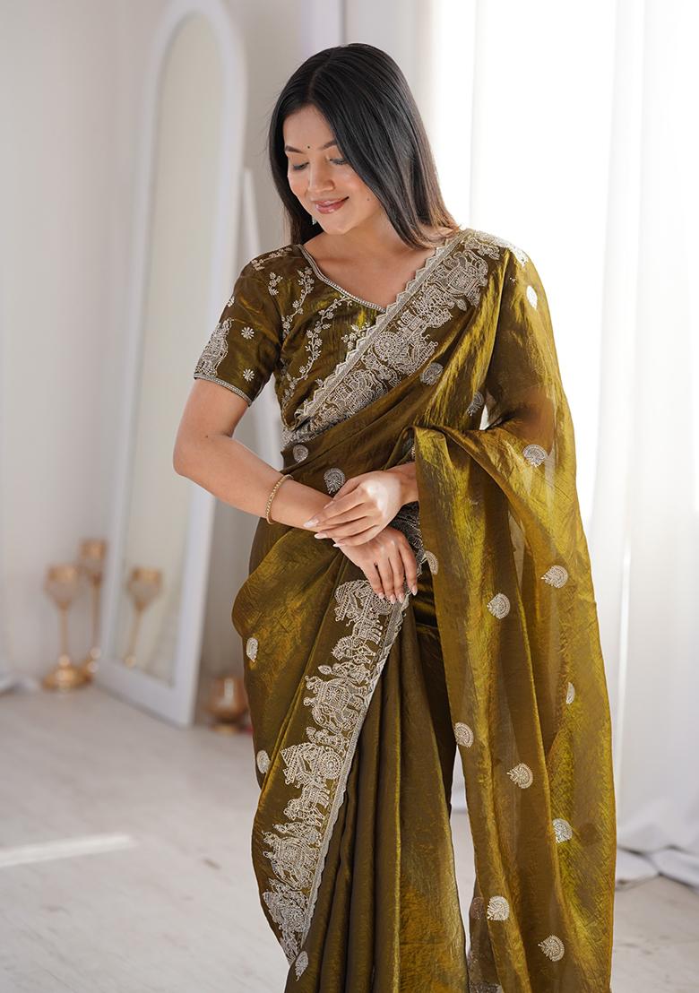 Mehendi Embroidery Silk Saree Set - Indya