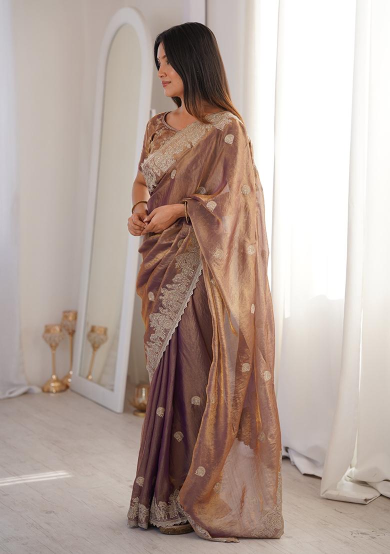 Mauve Embroidery Silk Saree Set - Indya