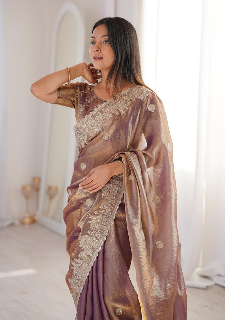 Mauve Embroidery Silk Saree Set - Indya