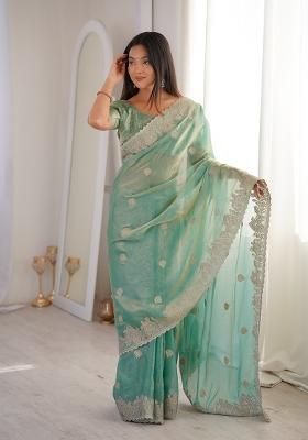 Sky Blue Embroidery Silk Saree Set