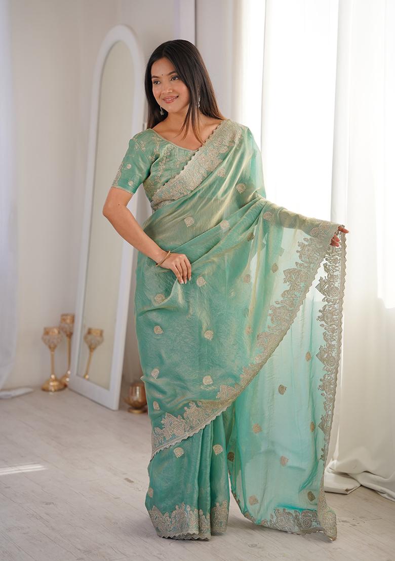 Sky Blue Embroidery Silk Saree Set - Indya