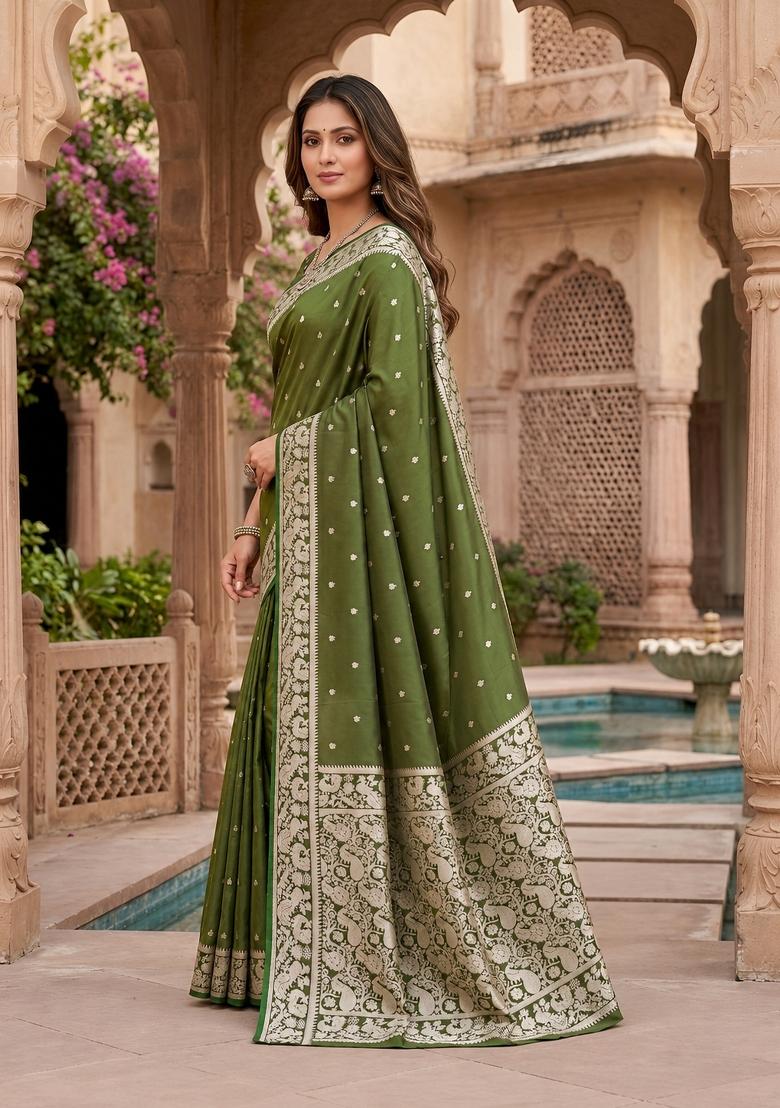Green Woven Design Banarasi Saree Set - Indya