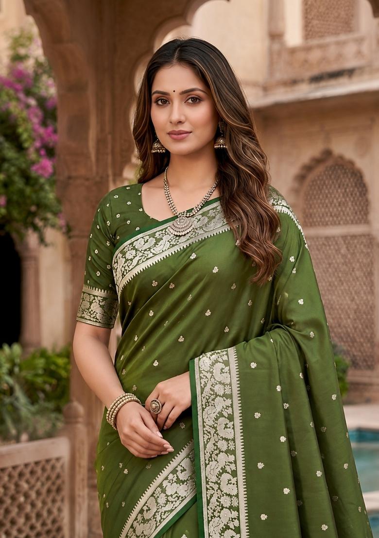 Green Woven Design Banarasi Saree Set - Indya