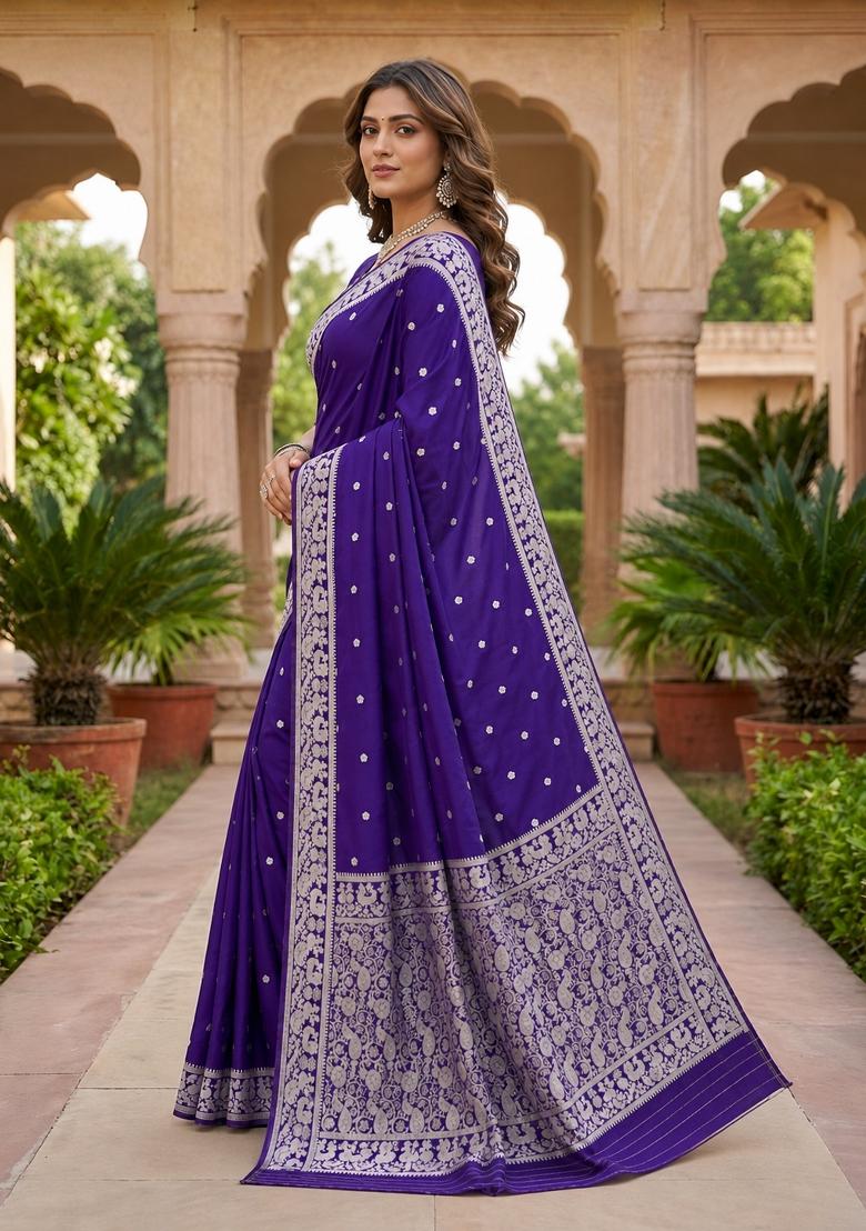 Purple Woven Design Banarasi Saree Set - Indya
