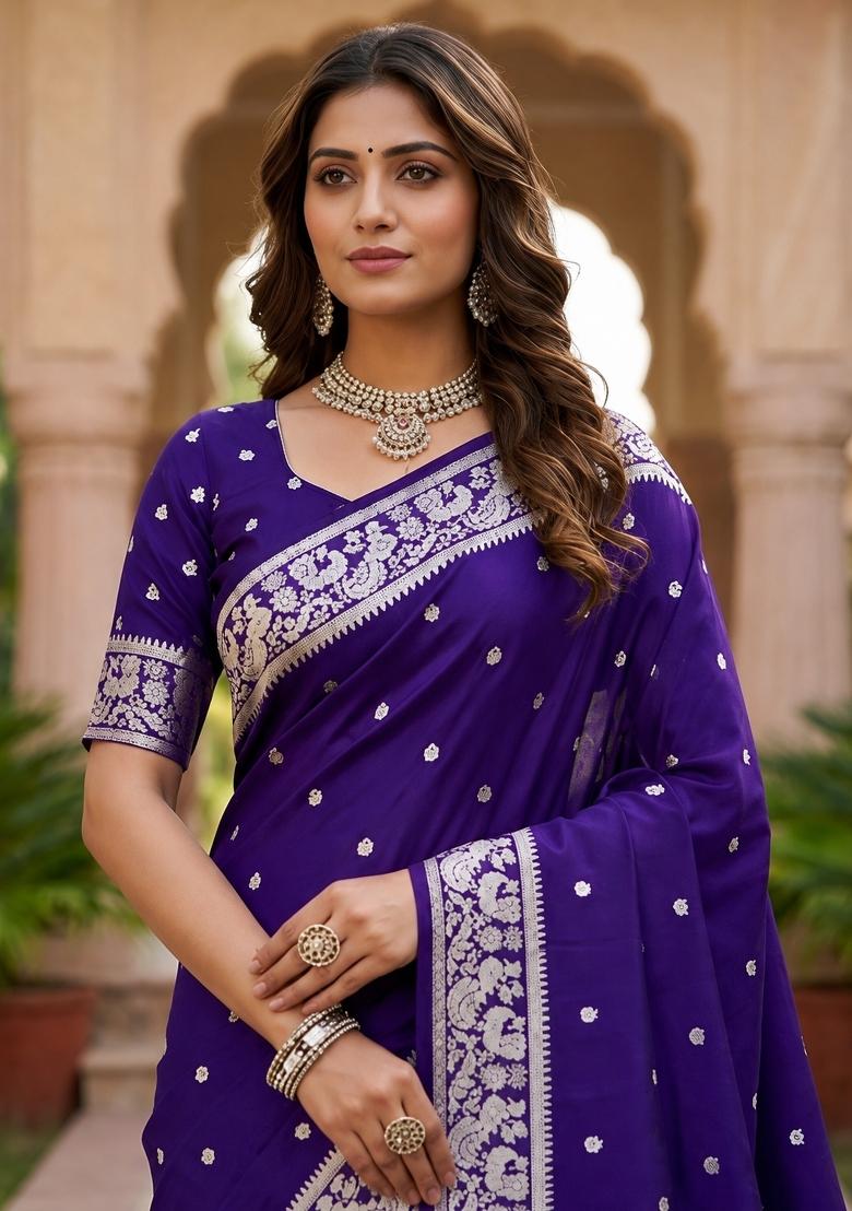 Purple Woven Design Banarasi Saree Set - Indya