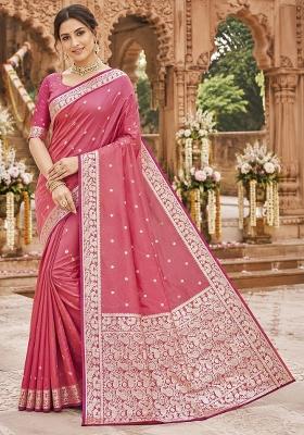 Pink Woven Design Banarasi Saree Set