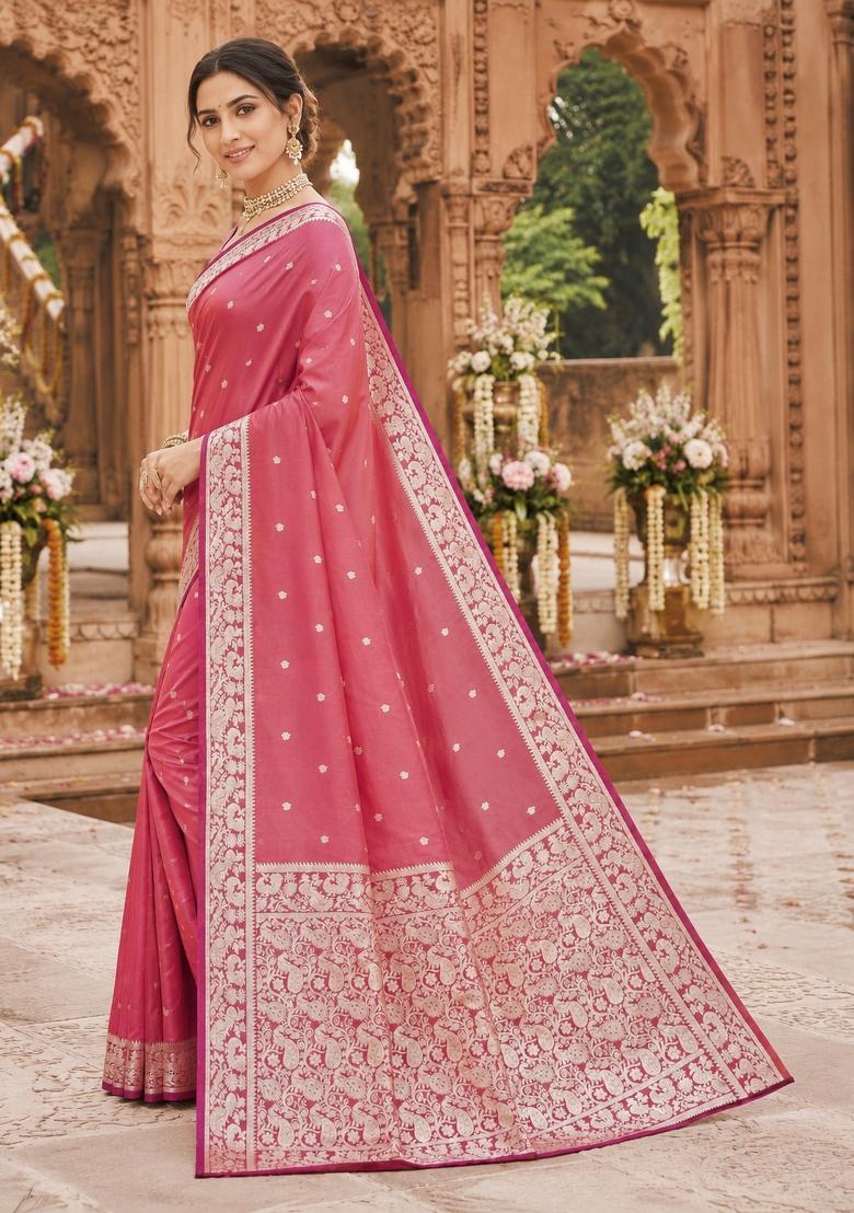 Pink Woven Design Banarasi Saree Set - Indya