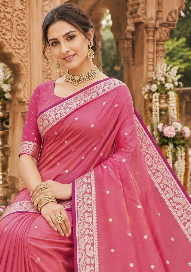 Pink Woven Design Banarasi Saree Set - Indya