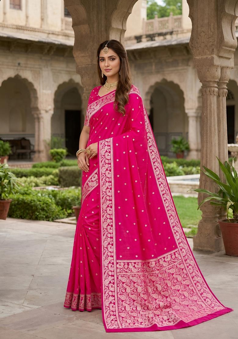 Pink Woven Design Banarasi Saree Set - Indya