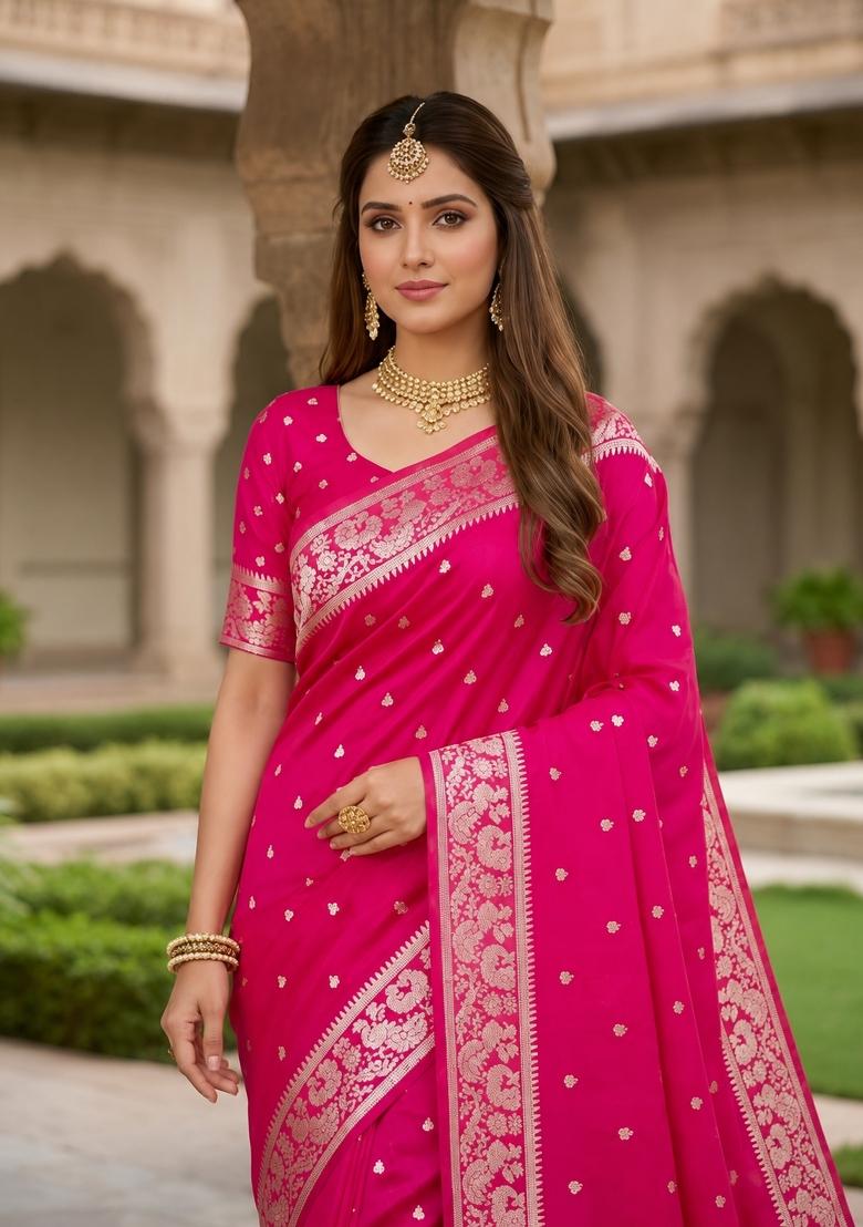 Pink Woven Design Banarasi Saree Set - Indya