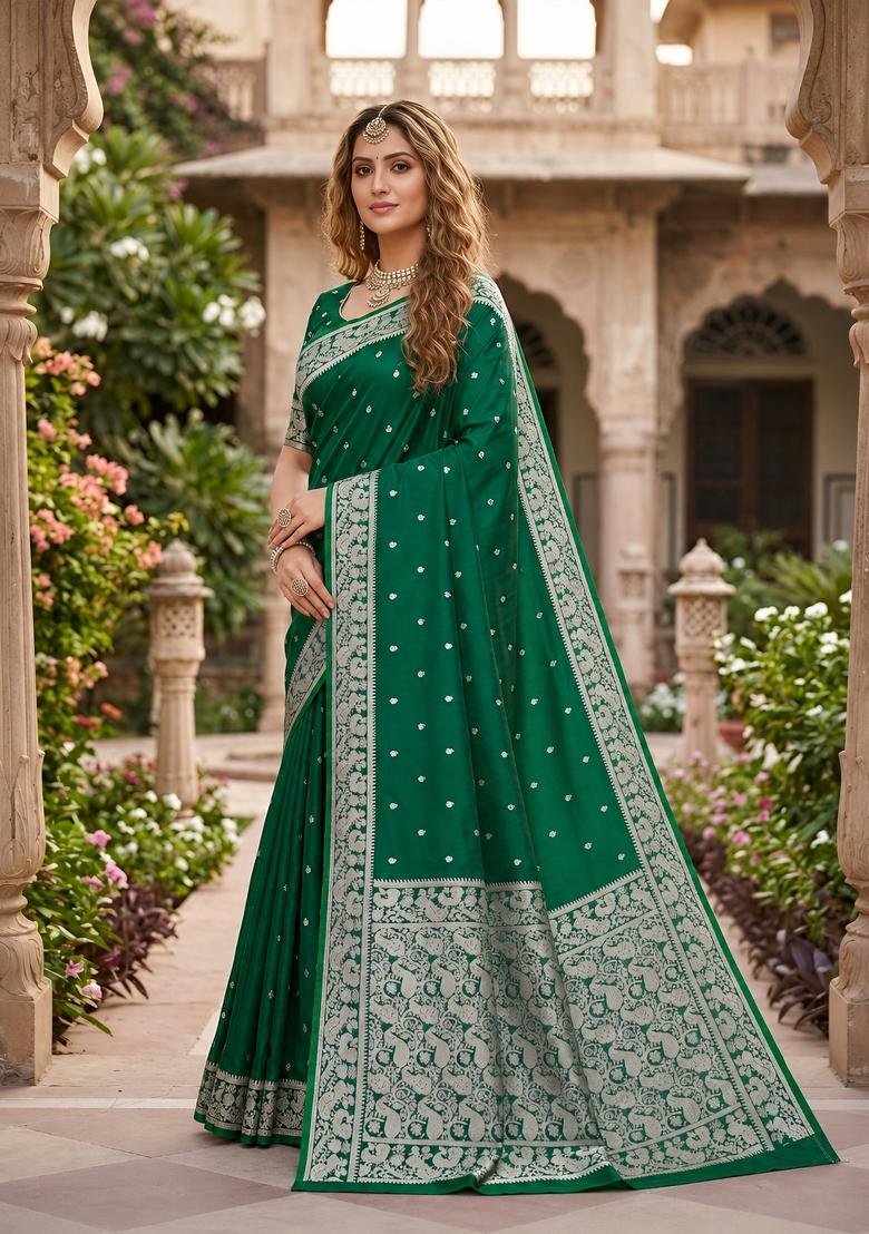 Green Woven Design Banarasi Saree Set - Indya