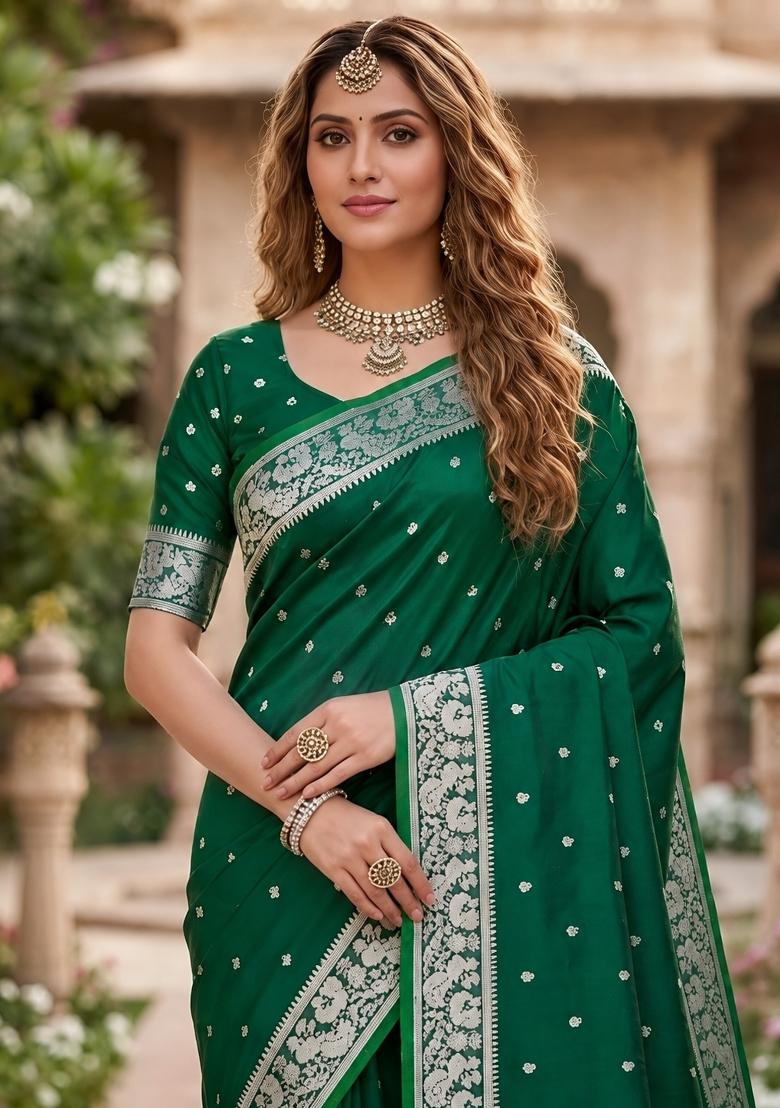 Green Woven Design Banarasi Saree Set - Indya