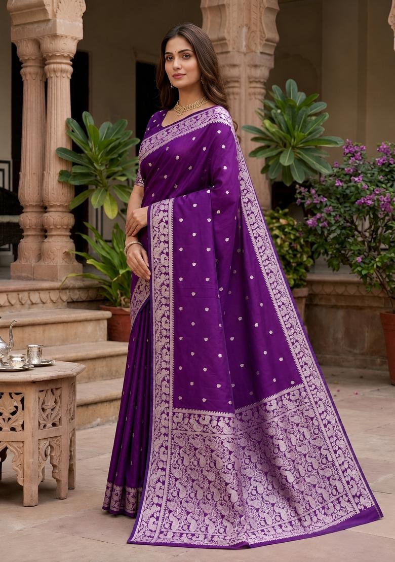 Wine Woven Design Banarasi Saree Set - Indya