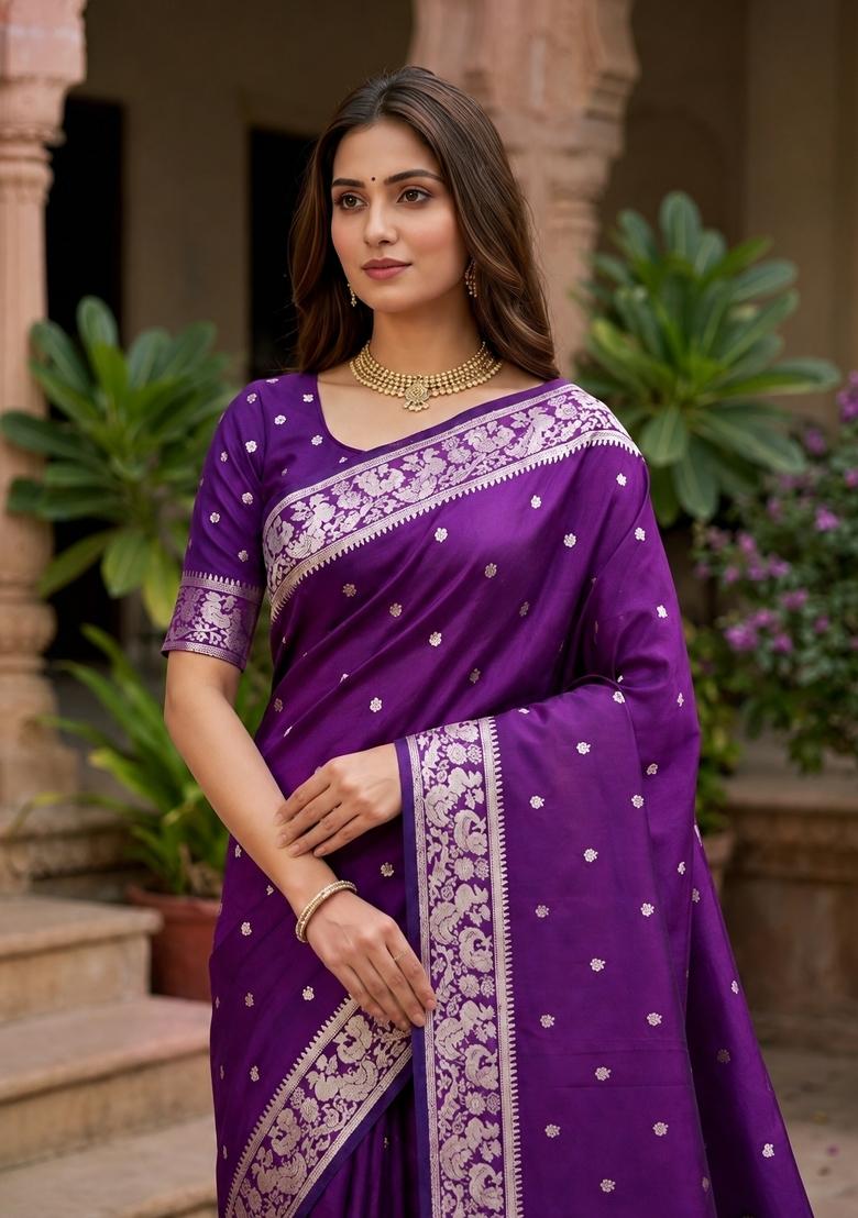 Wine Woven Design Banarasi Saree Set - Indya
