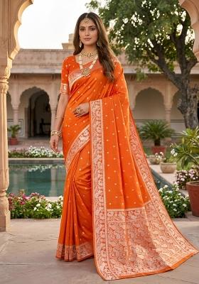 Orange Woven Design Banarasi Saree Set