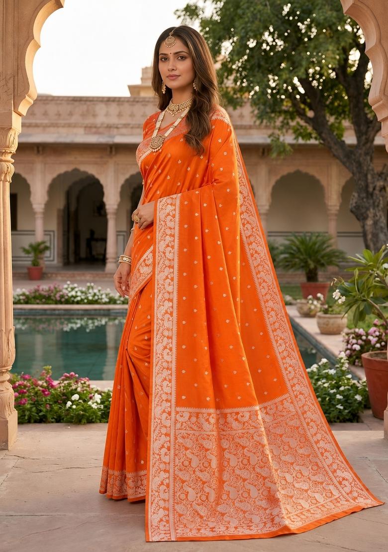 Orange Woven Design Banarasi Saree Set - Indya