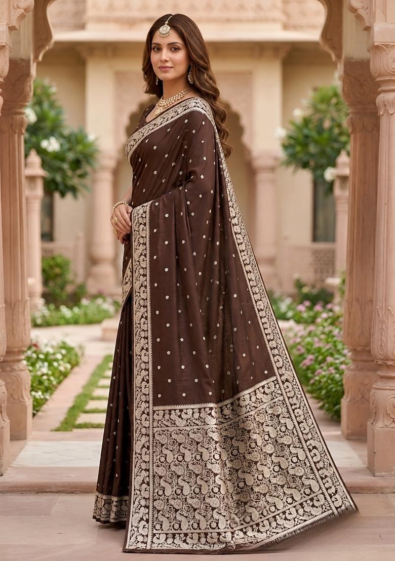 Coffee Woven Design Banarasi Saree Set - Indya