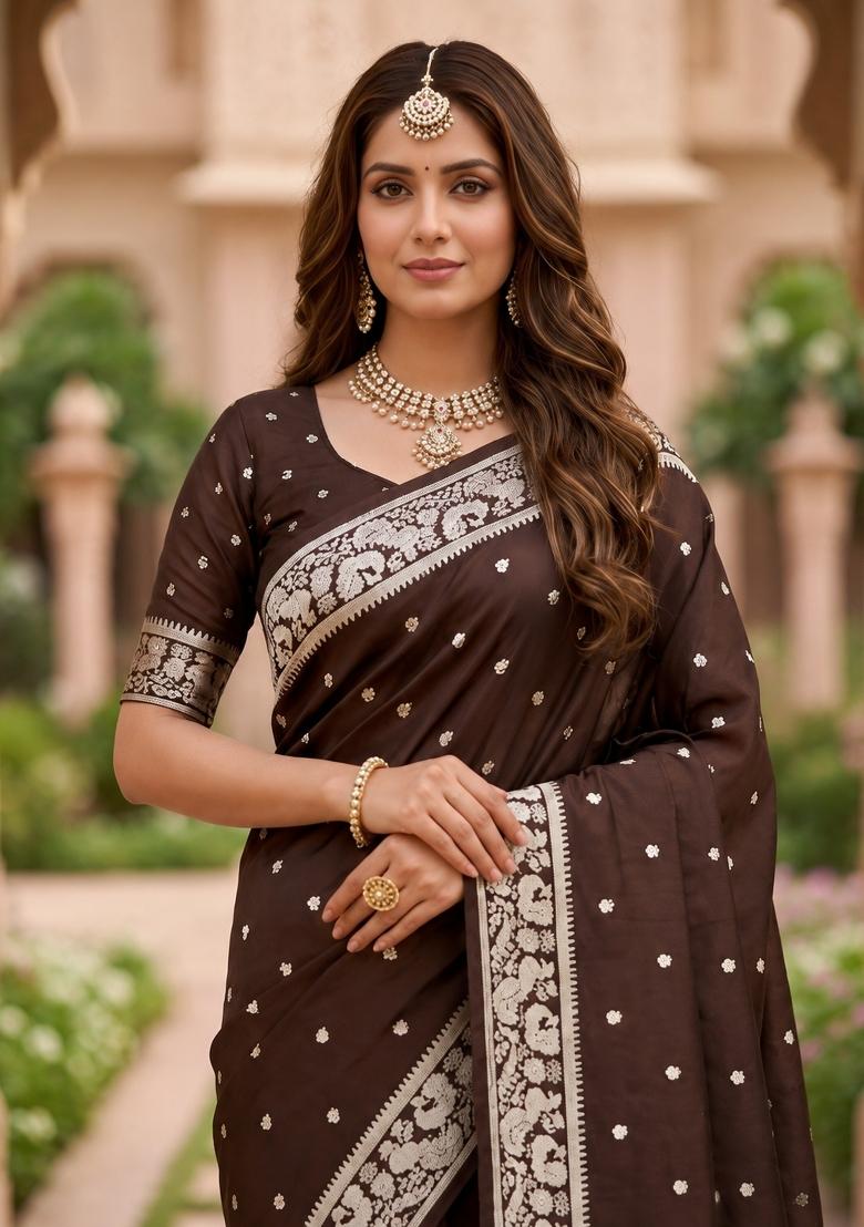 Coffee Woven Design Banarasi Saree Set - Indya