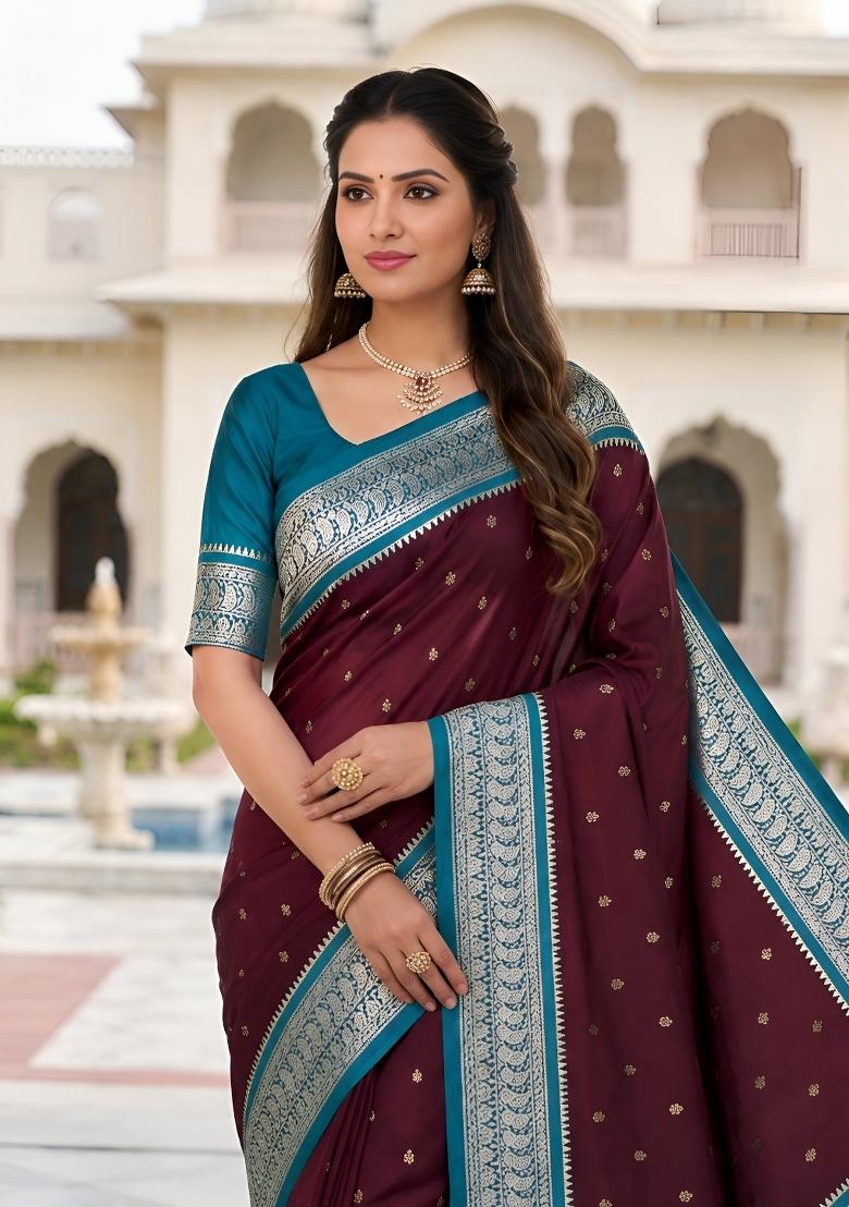 Coffee Woven Design Banarasi Saree Set - Indya