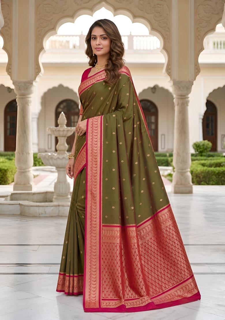 Green Woven Design Banarasi Saree Set - Indya