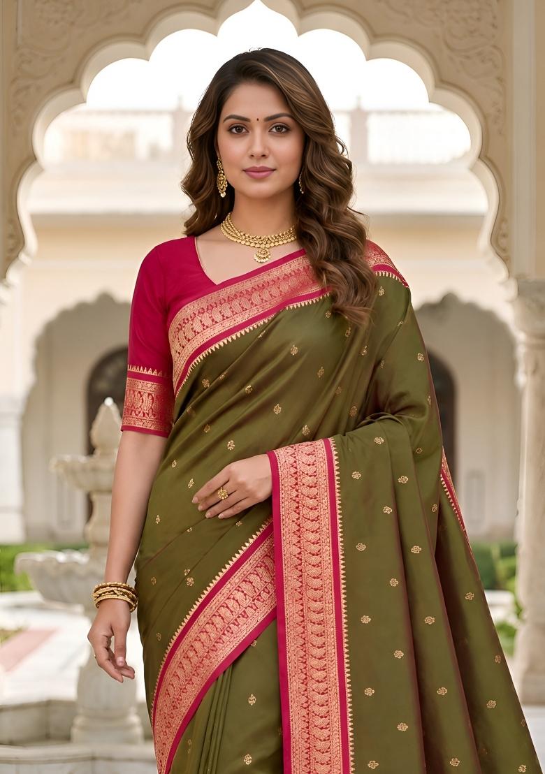 Green Woven Design Banarasi Saree Set - Indya