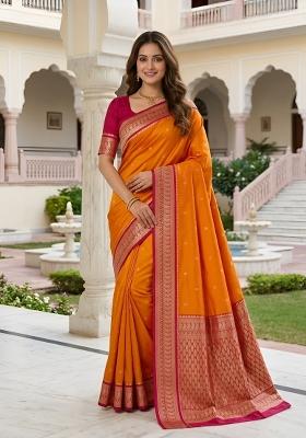 Orange Woven Design Banarasi Saree Set