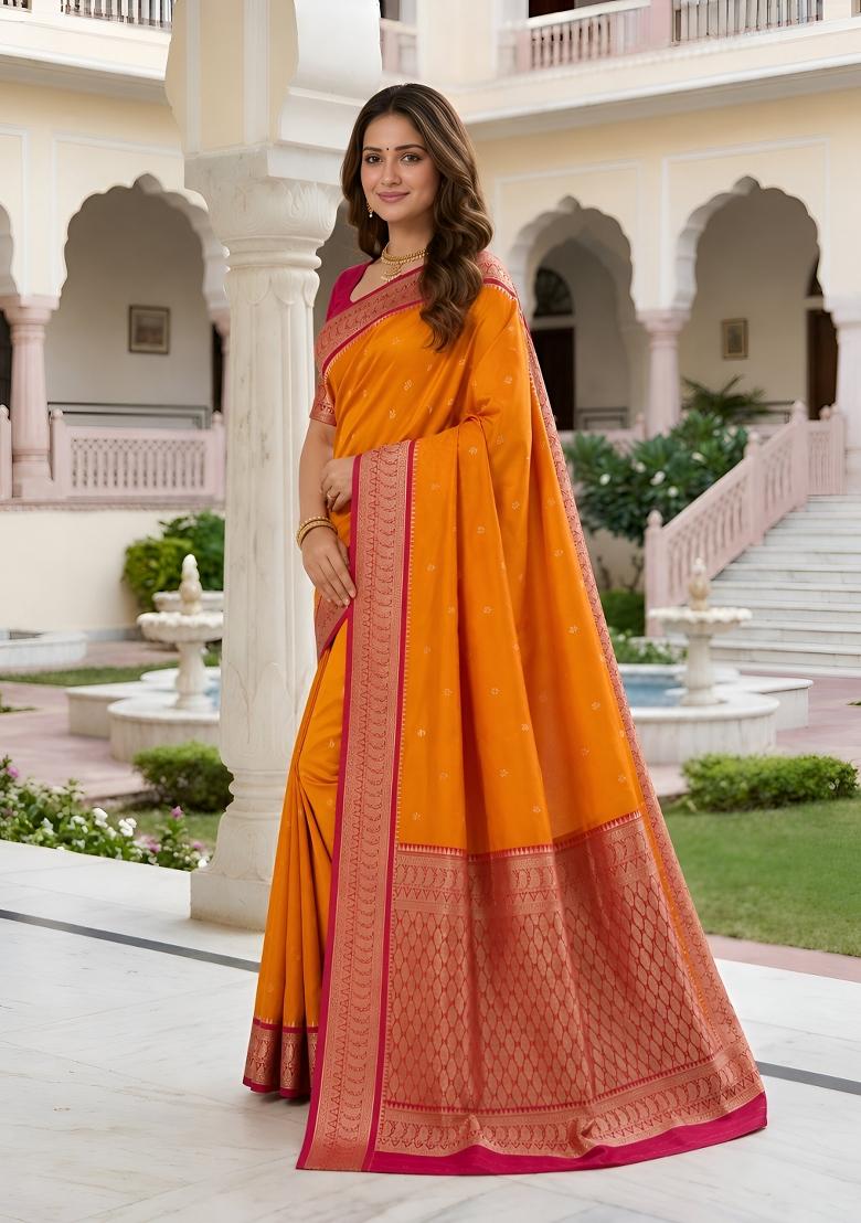 Orange Woven Design Banarasi Saree Set - Indya