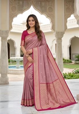 Onion Pink Woven Design Banarasi Saree Set